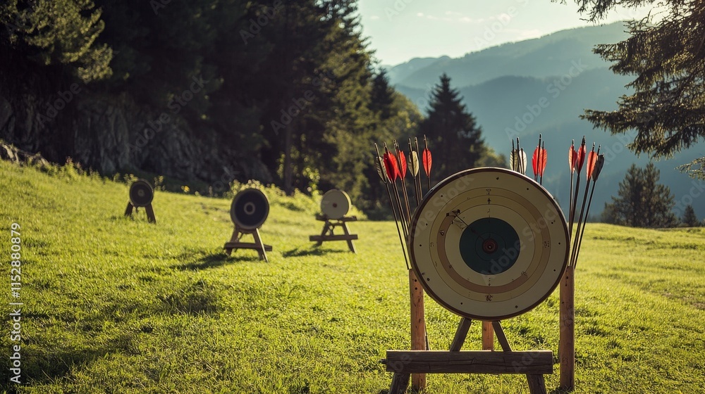 Poster a neat archery range setup in a sunny meadow, bows and arrows meticulously placed on stands, minimal
