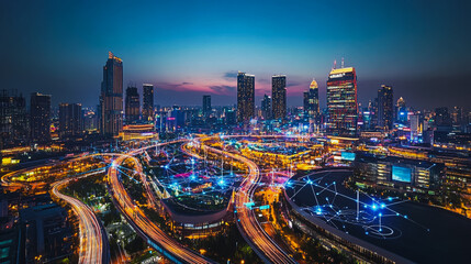 Obraz premium Smart digital city with connection cyber security network reciprocity over the cityscape . future smart wireless digital city and social media networking systems that connects people within the city