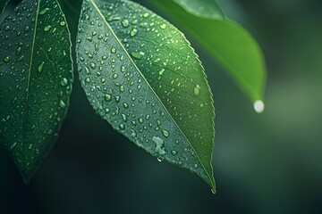 Detailed close-up of a green leaf with water droplets, Earth Day theme, fresh and dewy, natural light.