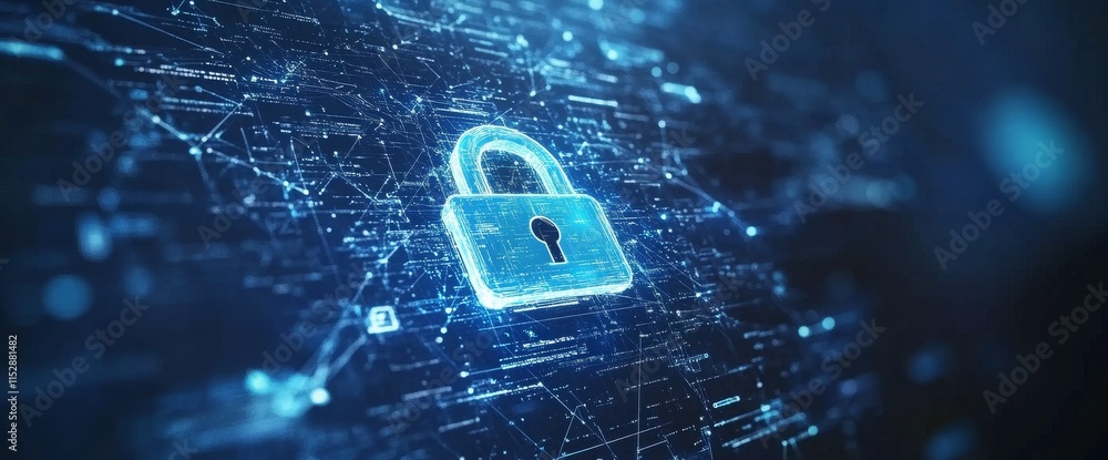 Poster glowing blue padlock on digital network background; cybersecurity concept.