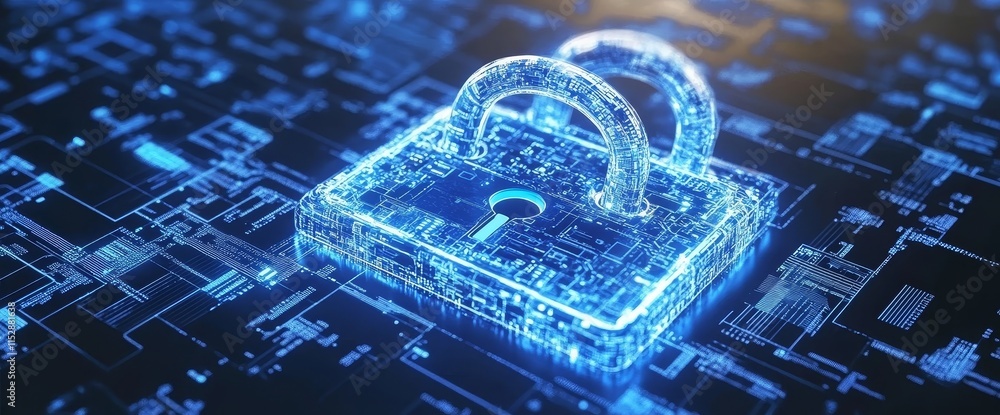 Poster digital lock on circuit board, cybersecurity concept.