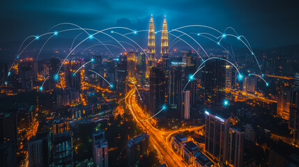 Fototapeta premium Smart digital city with connection cyber security network reciprocity over the cityscape . future smart wireless digital city and social media networking systems that connects people within the city