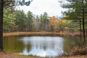 Fototapeta na wymiar Serene autumn pond nestled in a forest of pines and deciduous trees.