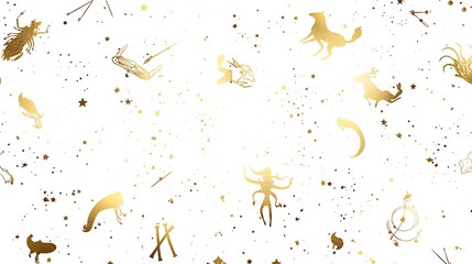 A gold and white background with many different animals and stars