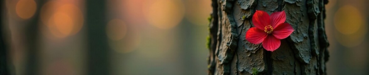 A solitary red bloom on a tall deciduous tree trunk, , bark