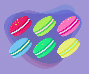 Colorful macaroon cookies vector illustrations set. Collection of cartoon drawings of macarons with sprinkles on abstract background. Food, desserts, bakery concept