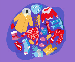 Circular pattern with winter clothes vector illustrations collection. Set of cartoon drawings of clothing and accessories for cold season on purple background. Fashion, winter concept
