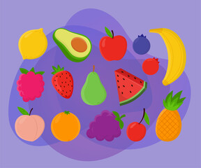 Colorful healthy food or fruits vector illustrations set. Collection of cartoon drawings of apple, banana, watermelon, berries isolated on white background. Organic food, healthy eating concept