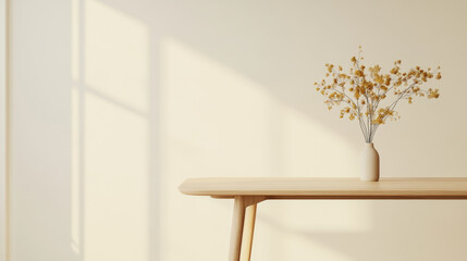 A minimalist wooden table with vase of dried flowers creates serene atmosphere in softly lit room. gentle shadows enhance calm ambiance