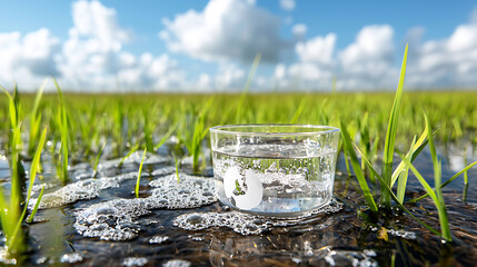 clear glass cup filled with water sits in wetland area surrounded by green grass, reflecting blue sky and fluffy clouds