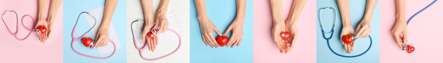 Many hands with red hearts and stethoscopes on color background, top view. Cardiology concept