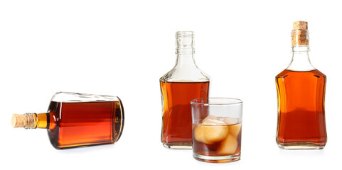 Set of bottles with rum on white background