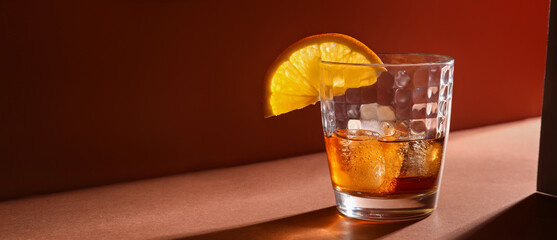 Glass of rum with ice cubes and orange slice on brown background