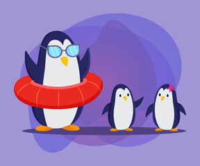 Comic penguin with sunglasses and lifebuoy vector illustration. Adult penguin cartoon character with kids on purple background. Wildlife, summer, family vacation concept