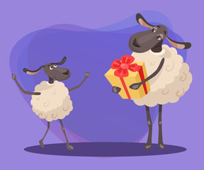 Comic mother sheep giving present to baby vector illustration. Cartoon drawing of little animal character getting gift on abstract background. Birthday, celebration, family, love concept