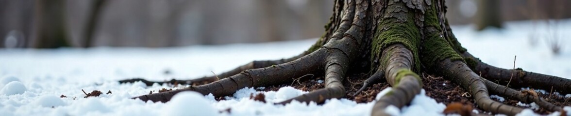 Fototapeta premium Bare tree trunk with twisted roots in winter soil, serene, winter, tree