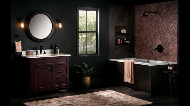 Dark Modern Bathroom Design with Freestanding Tub
