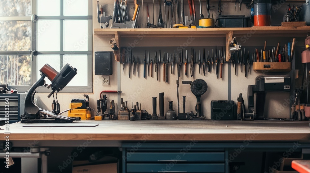 Poster a neat metalworking station in a well-lit workshop, metalworking tools and materials neatly arranged