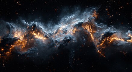 Fototapeta premium Fiery cosmic nebula with swirling clouds of gas and dust in space.