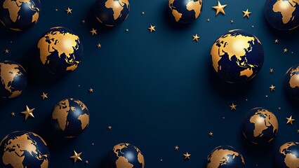 Naklejka premium Gold globes on a navy blue background, metallic details and subtle stars. Elegant design perfect for premium stationery and Earth Day projects.