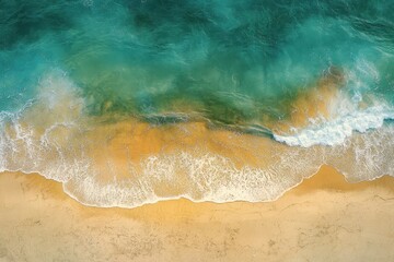 Aerial view of ocean waves breaking on sandy beach.