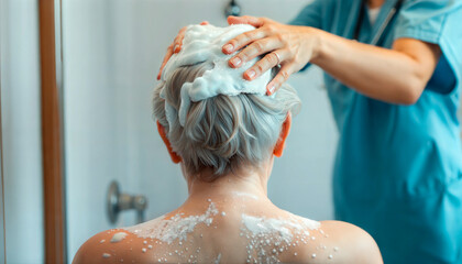 A nurse helps an elderly woman wash her hair with foam