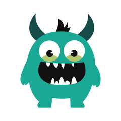 Cute Scary Horned Green Monster Mascot Cartoon Character with Happy Expression