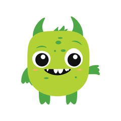 Cute Scary Horned Green Monster Mascot Cartoon Character with Happy Expression