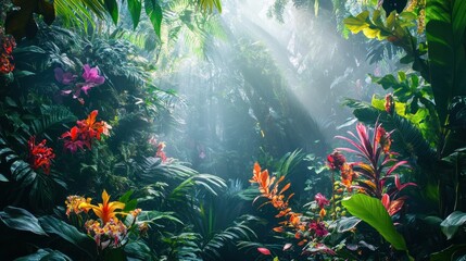 Lush tropical jungle scene with vibrant flowers and sunlight filtering through the canopy.