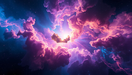 Photorealistic image of a breathtaking nebula in deep space. Swirling clouds of gas and dust in hues of blue, purple, pink, and gold are illuminated by the radiant light of distant stars, cosmic 