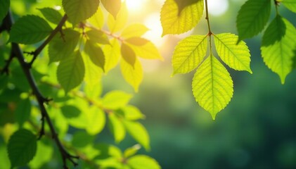 Obraz premium Soft morning sunlight filtering through leafy branches, leaves, branches