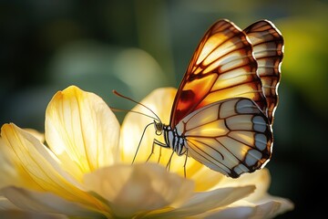 A butterfly with rich hues perched on a soft yellow flower, illuminated by sunlight, each wing detail and petal texture captured in crystal-clear resolution.