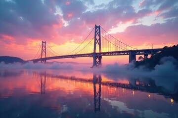 Cable-stayed bridge at dawn with mist rising from the water, calm water, mist
