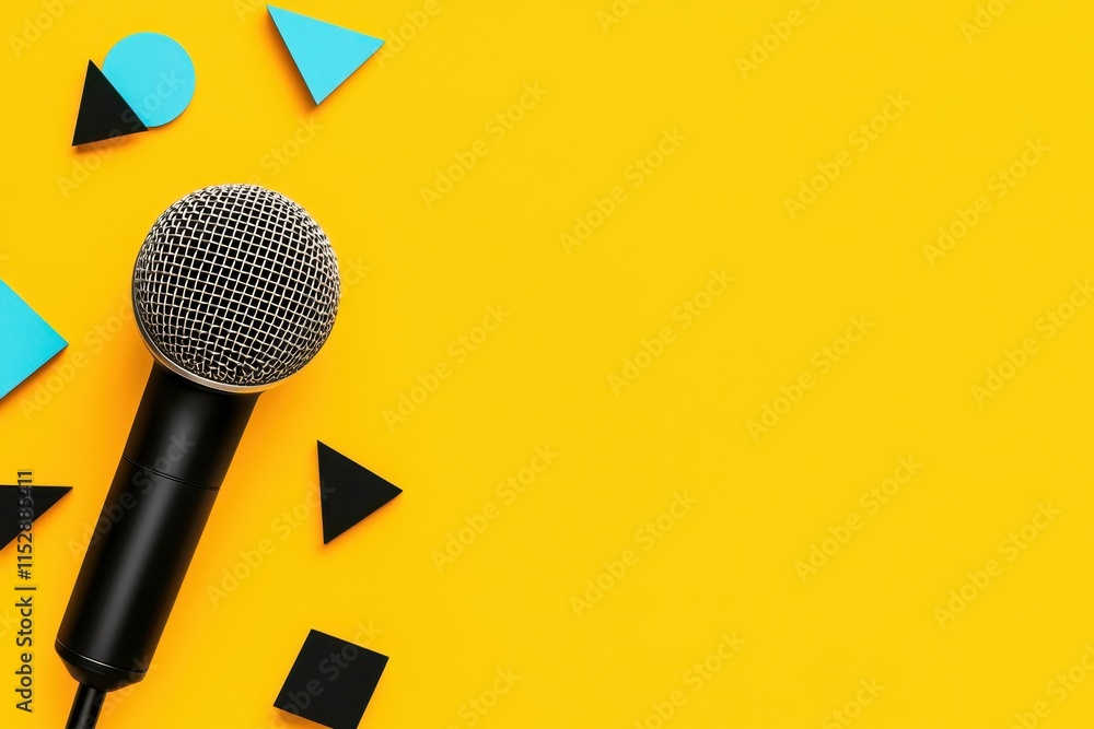 Poster voice microphone echo concept. microphone on a bright yellow background surrounded by geometric shap