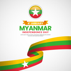 Myanmar independence day square banner background for national celebration with ribbon flag
