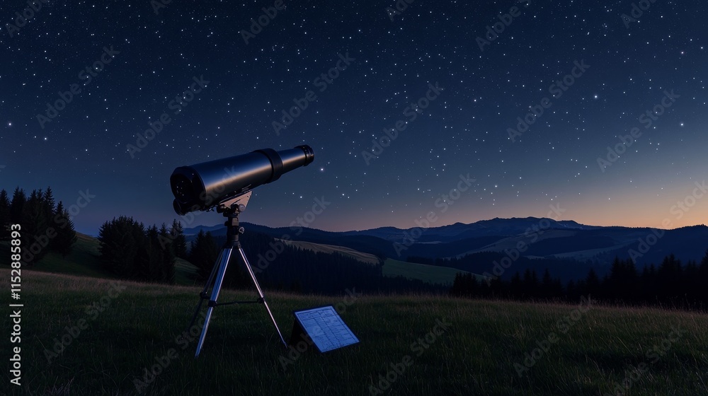 Poster a neat stargazing setup on a clear night, telescope and star charts neatly placed on a grassy field,