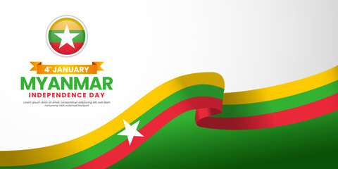 Myanmar independence day Waving RIbbon Flag background design with blank space area