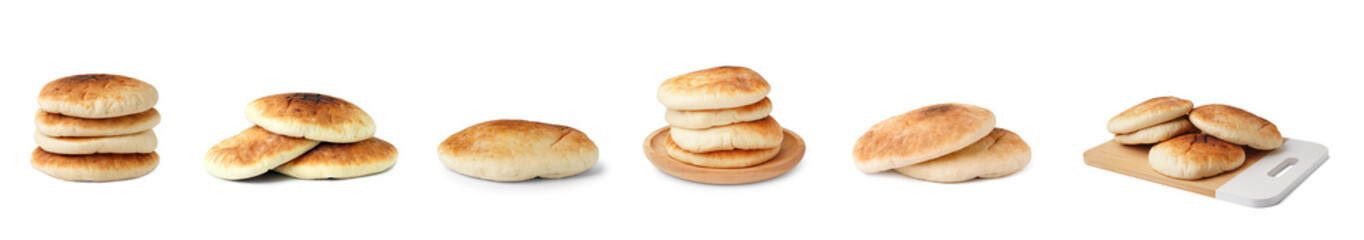 Set of tasty pita bread on white background