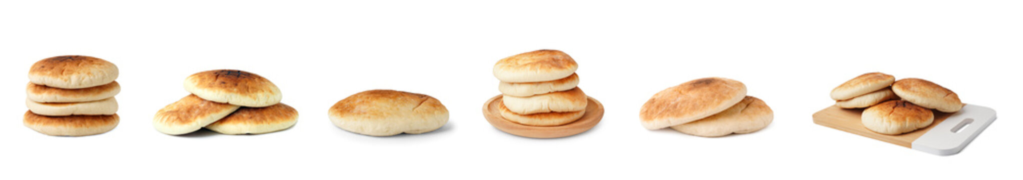 Set of tasty pita bread on white background