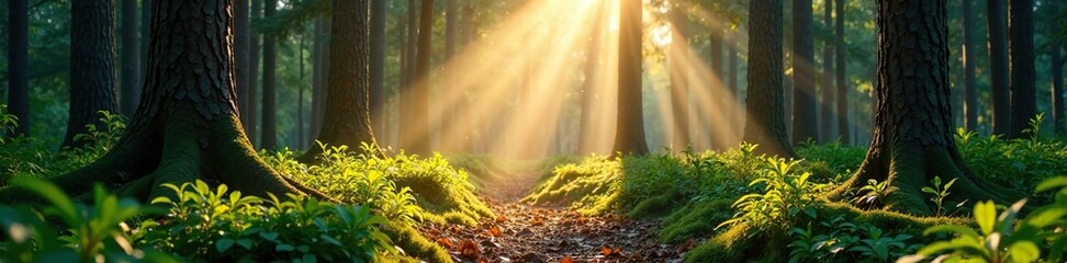 Dappled forest floor amidst sunlight filtering through pine needles, forest, trees, misty