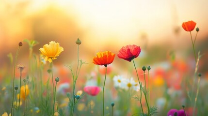 Fototapeta premium Close up of poppies blooming in a field with sunset light.