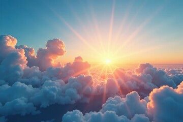 Gentle sunset glow on fluffy white clouds in a vast blue sky, nature, rays, clouds