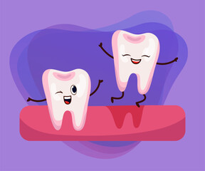 Funny comic milk tooth jumping out of gum vector illustration. Cartoon drawing of cute teeth characters smiling and jumping on violet background. Stomatology or dentistry, health, medicine concept