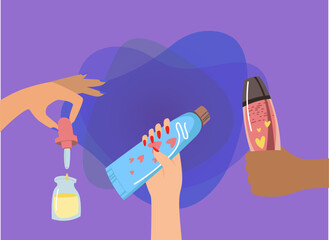 Female hands holding beauty products vector illustrations set. Hands of women with serum or oil dropper, tube of cream or toothpaste, shower gel on abstract background. Beauty, skincare concept