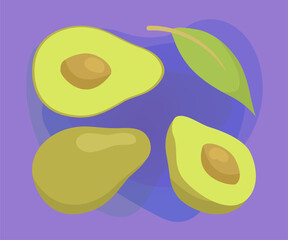 Halves of avocado with big seed vector illustrations set. Collection of cartoon drawings of whole and cut green vegetable, leaf on abstract background. Food, vegetables, diet, nutrition concept