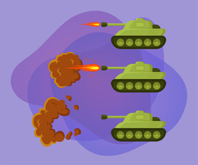 Green tanks in battle vector illustrations set. Cartoon drawings of military transport firing or attacking during combat on abstract background. Army, war, conflict concept