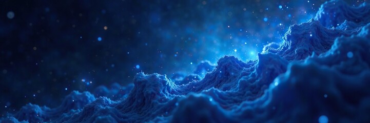 Fototapeta premium Dark space with glowing blue molecules scattered across the background, universe, blue, molecules