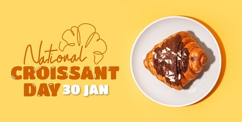 Plate with sweet croissant on yellow background. Banner for National Croissant Day