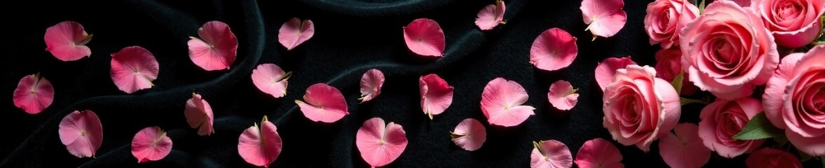 delicate rose petals scattered on black velvet background, white, pink, flowers
