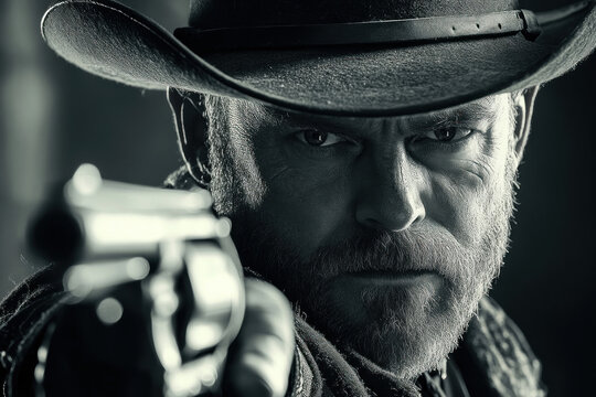 Man in cowboy hat holds a gun, aiming confidently with an intense gaze. Dusty desert backdrop adds a rugged edge to the scene.